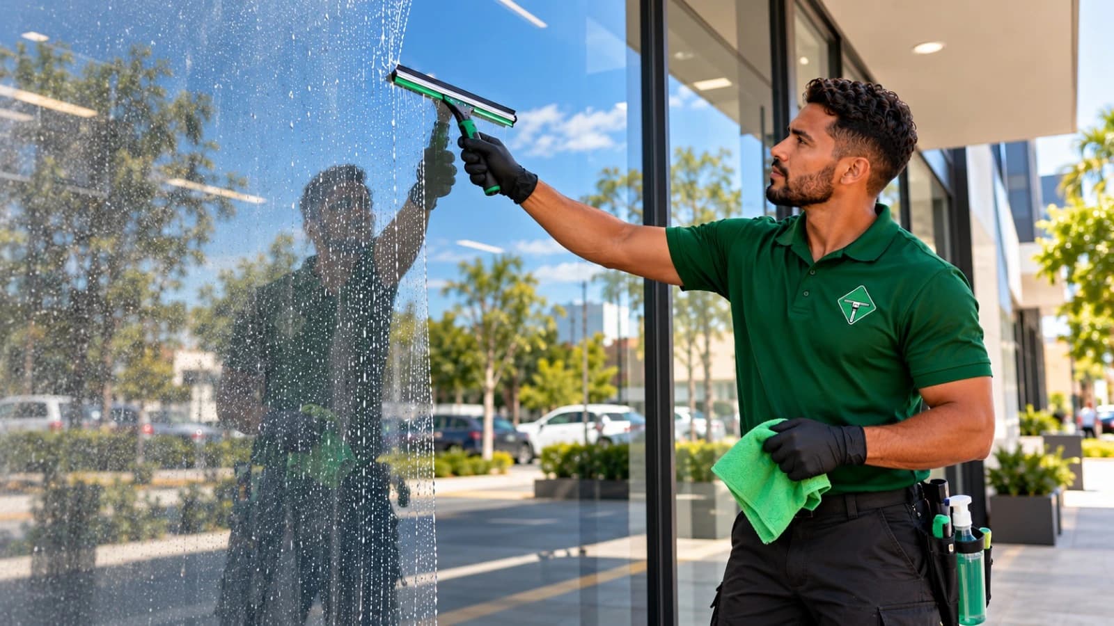 Profissional de luvas azuis limpando uma janela com rodo e lavador de vidros